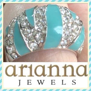 New Arianna Turquoise Blue Enamel Rhinestone Silver-Toned Dome Fashion Ring